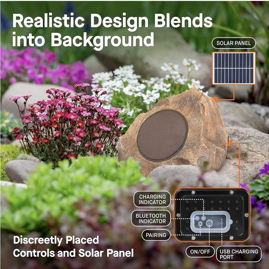 Homewell Outdoor Rock Speaker Solar-Powered Wireless Bluetooth 5.0 Outdoor