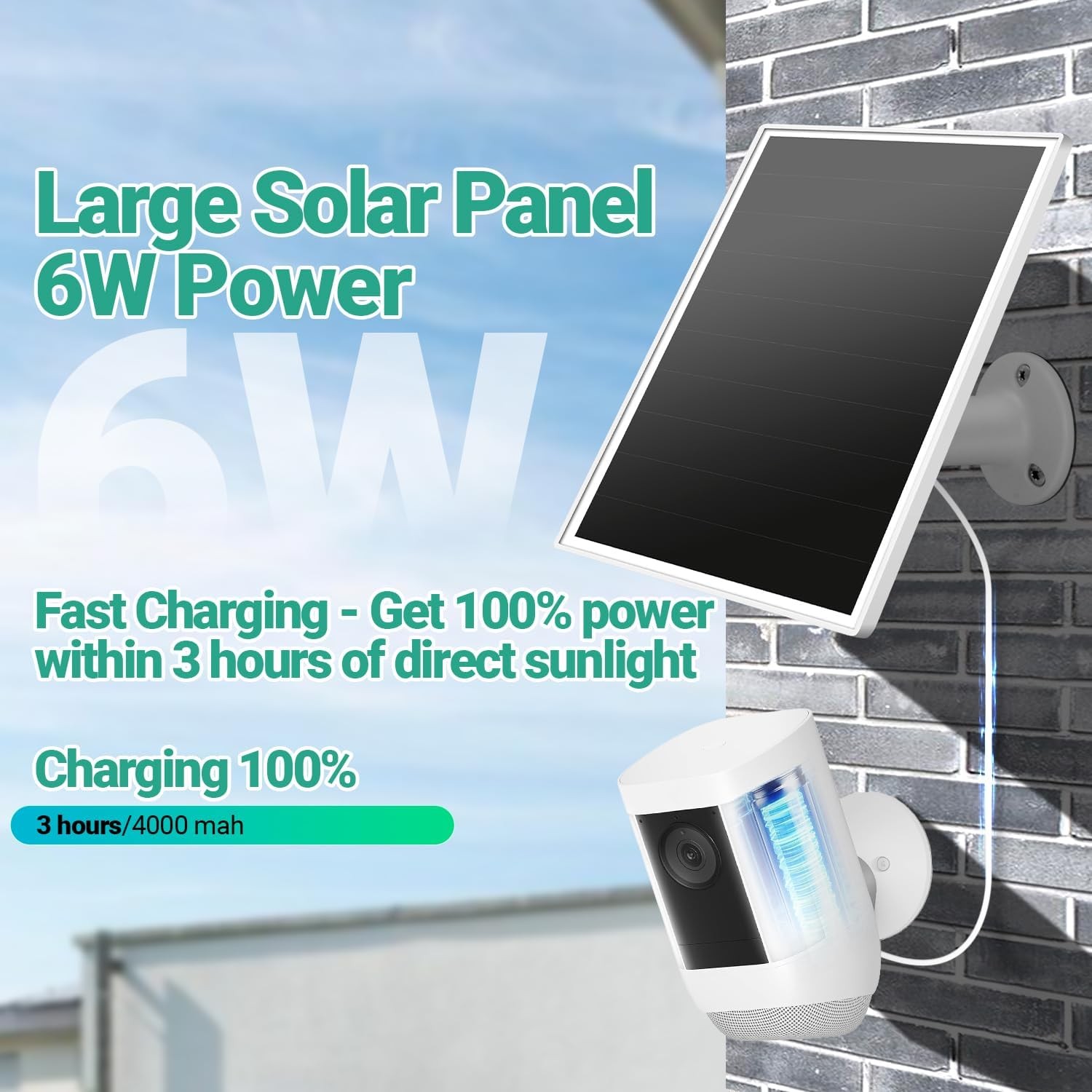 6W Solar Panel for Ring Camera with USB-C & Barrel Plug Doorbell Charger