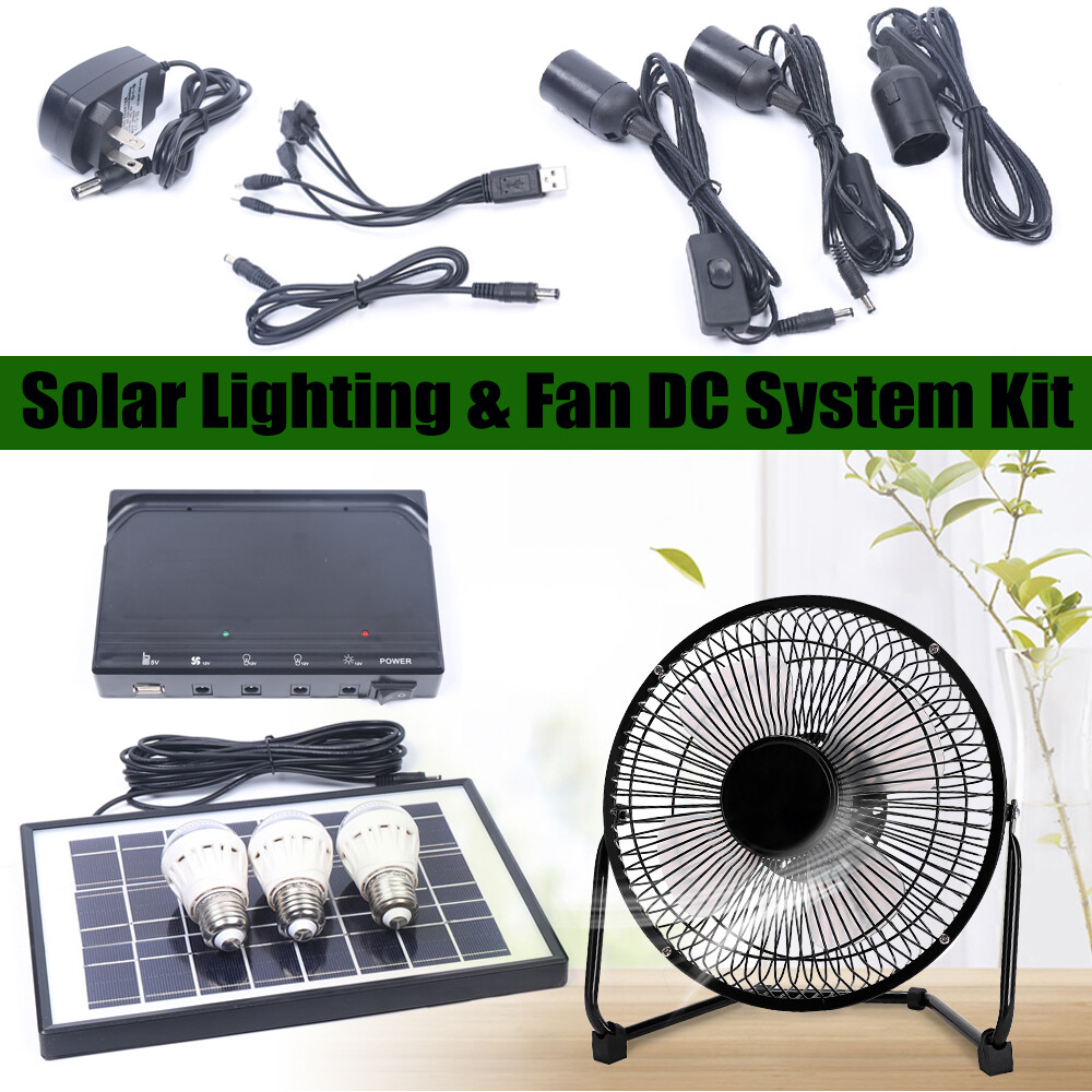 Solar Power Energy Lighting System Kit Set W/ 3 LED Lights, 1*Fan, 1 Solar Panel