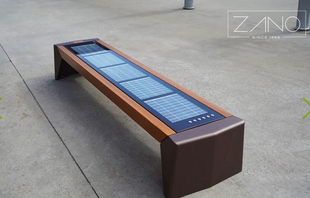 Modern Solar outdoor bench Photon. WIFI, lighting & charging station. USB ports