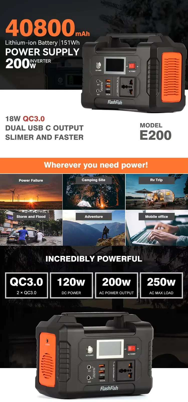 Flashfish E200 Portable Solar Generator 40800mAh 200W Power Station Outdoor Camp