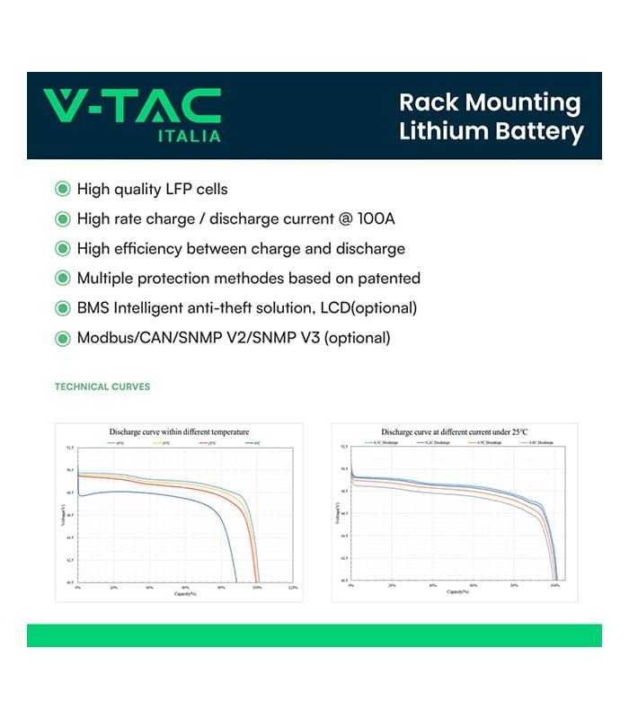 V-Tac Battery BMS Lithium Rack 48V 200Ah 9.60kWh Long Life for Imp Inverter