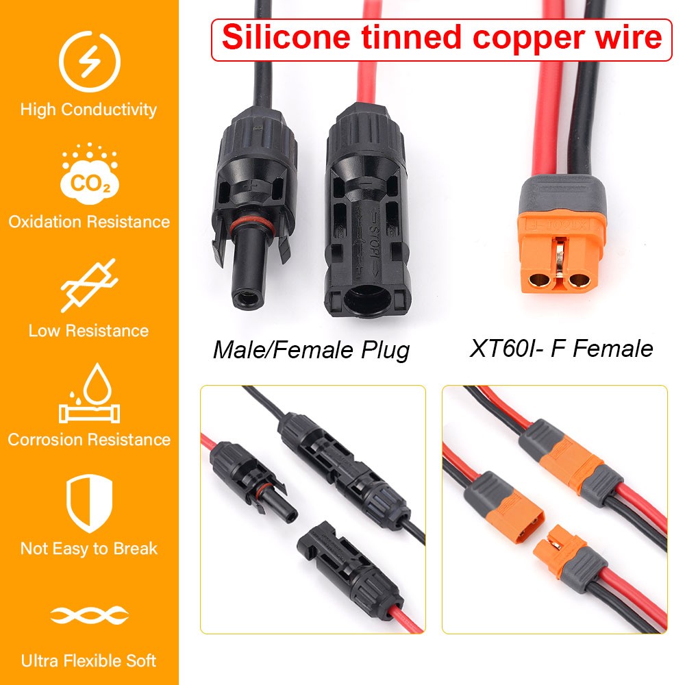 XT60i Female to Solar Connector Solar Panel Extension Charging Cable 12 AWG USA