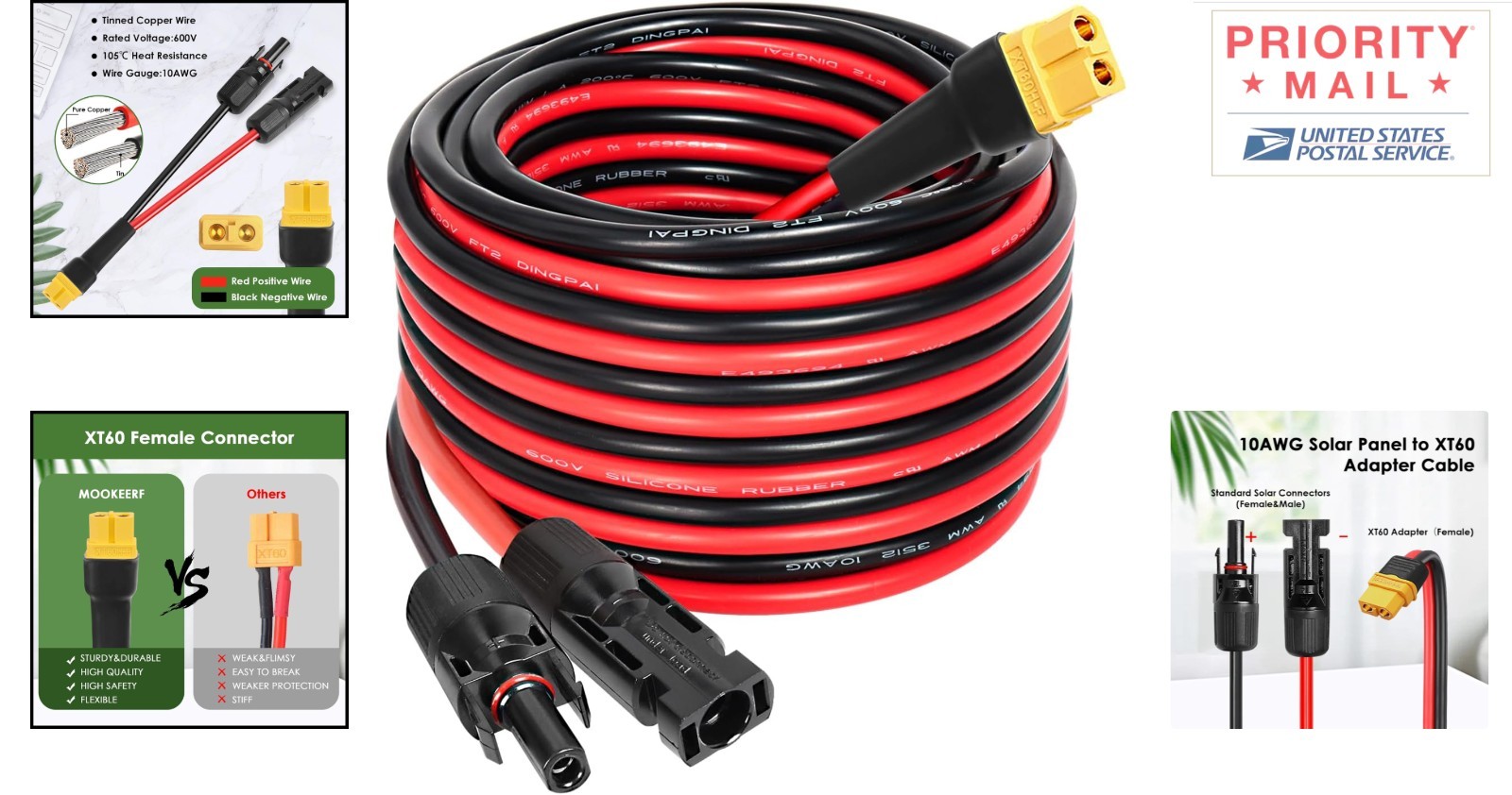 25FT Solar to XT60 Cable Heavy Duty 10AWG Male to Female Waterproof Connection