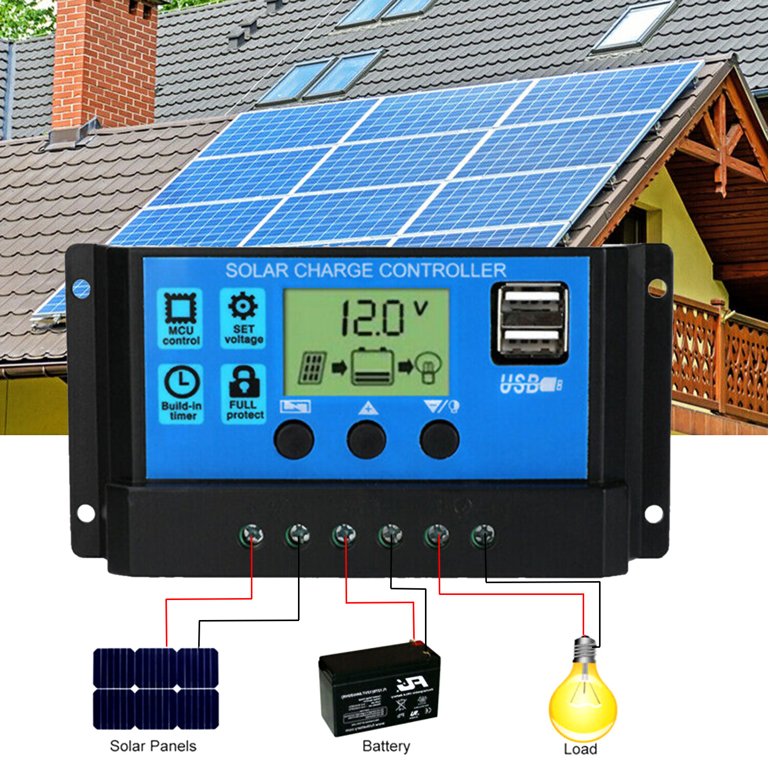 Solar Panel Regulator Charge Controller Auto Focus Tracking 30A 60A 12V/24V