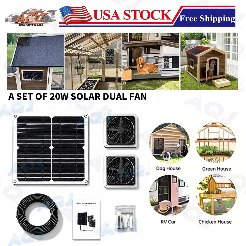Solar Powered Fan Kit 20W Solar Panel Waterproof 2 Exhaust Fan for Chicken Coop