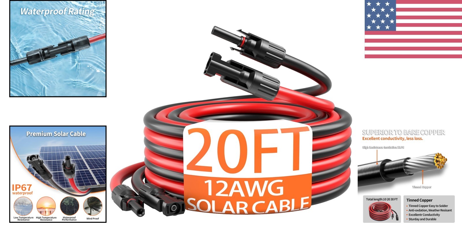 Tinned Copper 12AWG Solar Cable – 20FT Red & Black Pair for Enhanced Efficiency