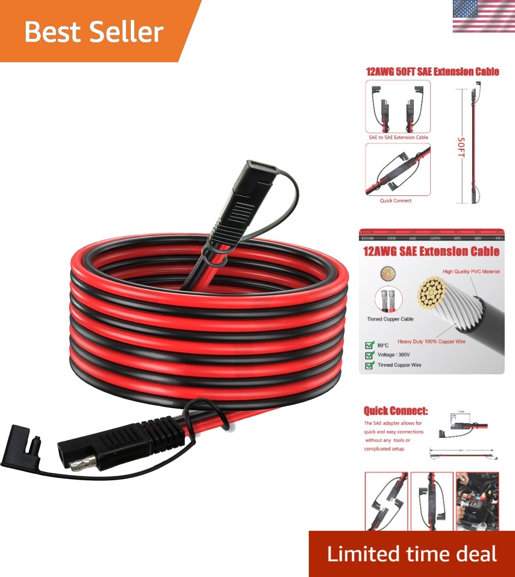 50 FT SAE to SAE Extension Cable 12AWG,12 Gauge SAE Adapter Cable,SAE Ports W…