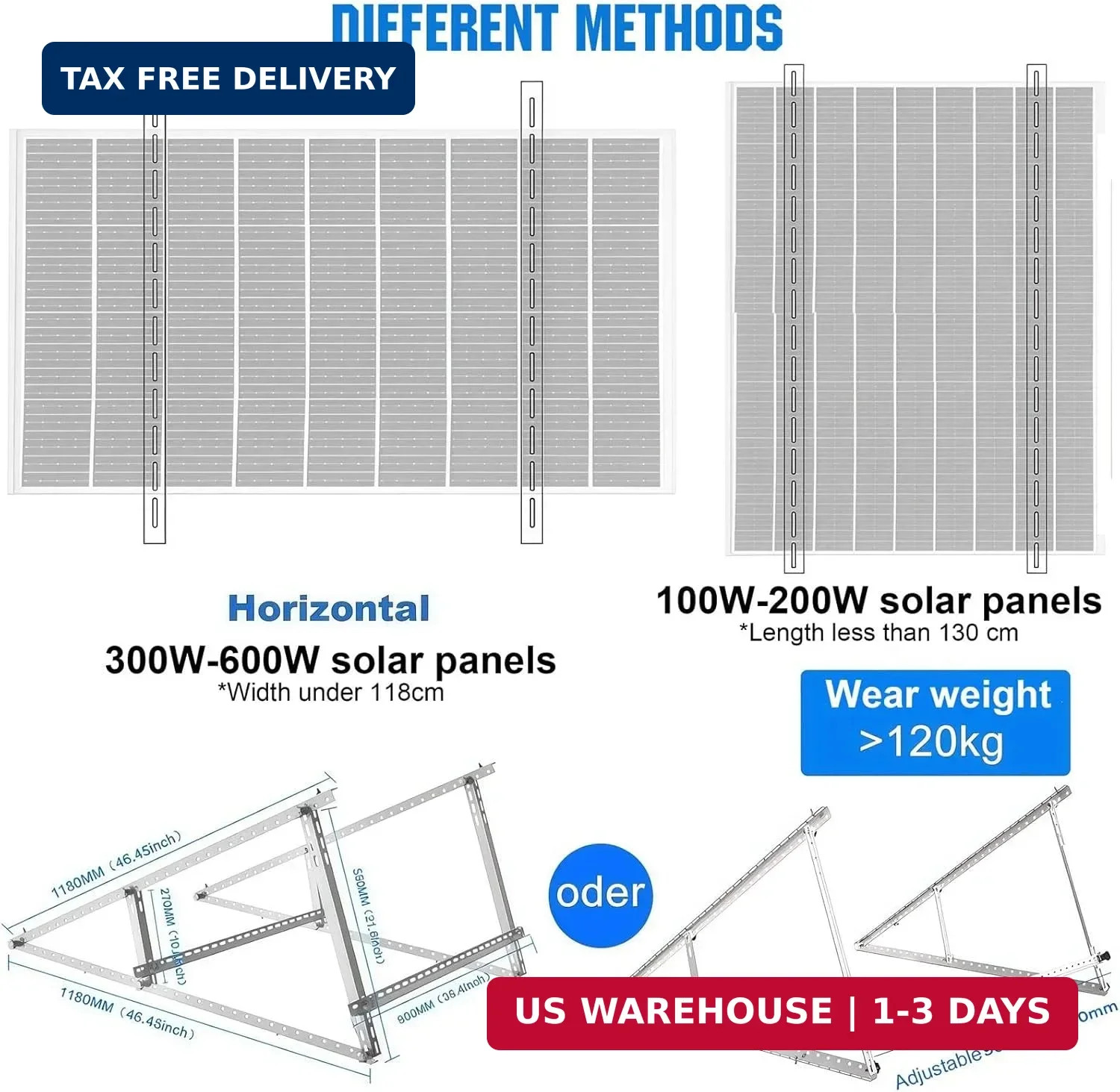 Solar Panel Mounting Brackets, 2 Sets 46 inch with Beam Reinforcement Support an