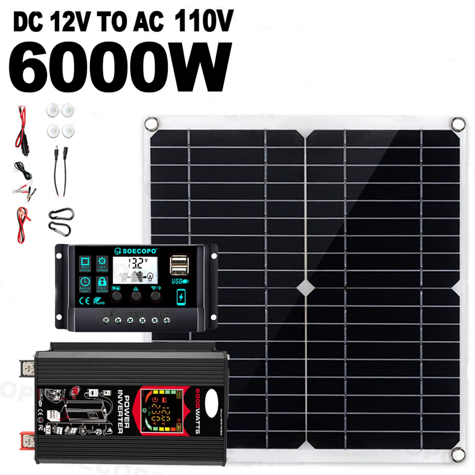 6000W Solar Panel Set Solar Power Inverter Generator 100A Home 110V Grid SysteFi