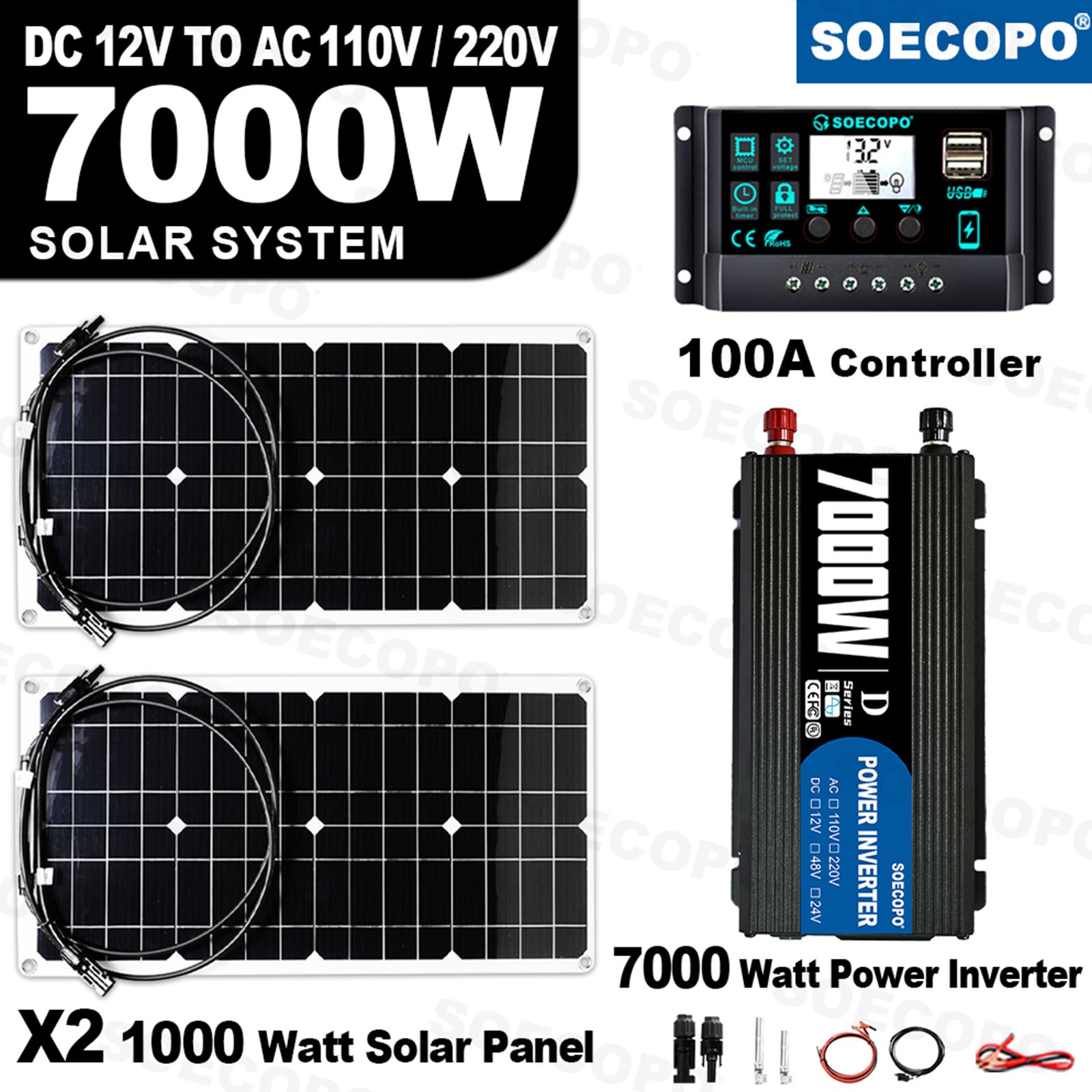 SOECOPO 7000W Peak Solar System Kit 2pcs Panel for Camping RV Home chargerGm