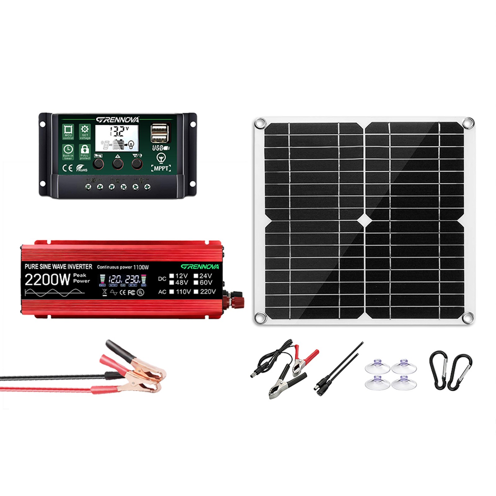 Grennova 2200W Real Power Solar Kit Pure Sine 60A MPPT RV Farm Home