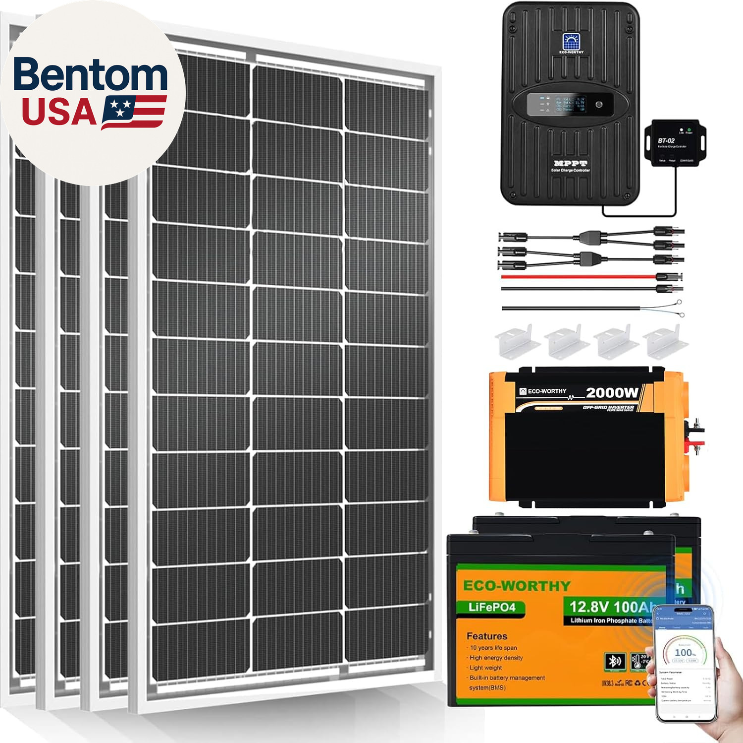 1.6KWH Complete Solar Panel Kit 400W 12V for RV off Grid: 4 * 100W Solar Panel +