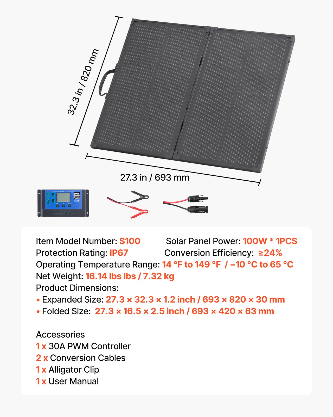 VEVOR 100W Foldable Solar Panel with 30A Controller Portable Mono Solar Panel