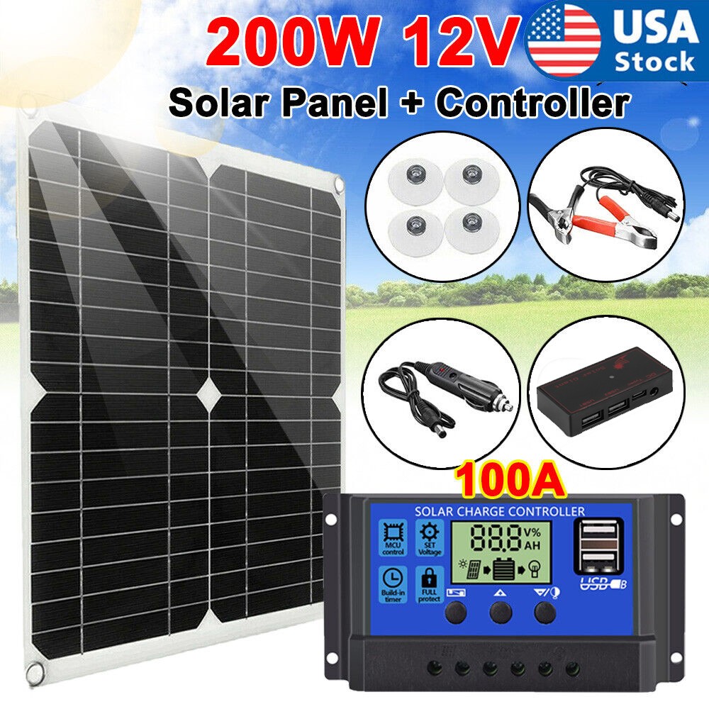 200W Solar Panel Kit 12V Battery Charger w/ 100A Controller For Car Caravan Boat