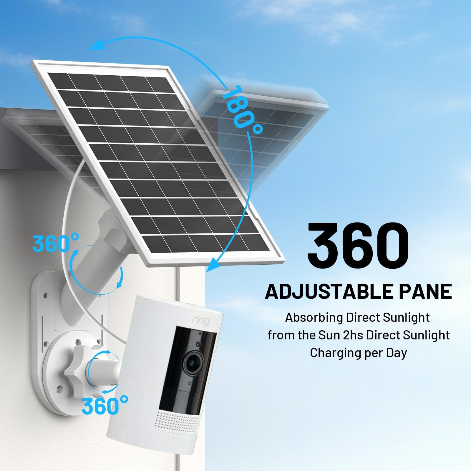 6W Solar Panel & 2-in-1 Wall Mount for Ring Cam, Weatherproof USB-C Charger
