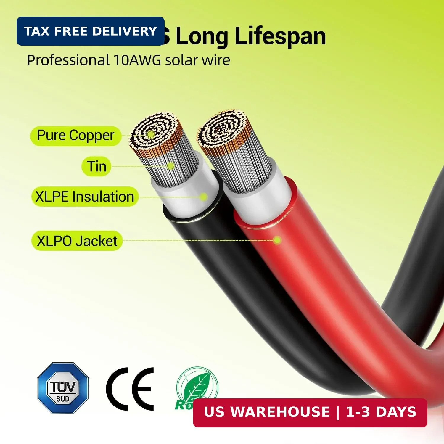 10AWG Solar Panel Wire, 2x50FT 6mm² Solar Extension Cable Red & Black 84 Strands