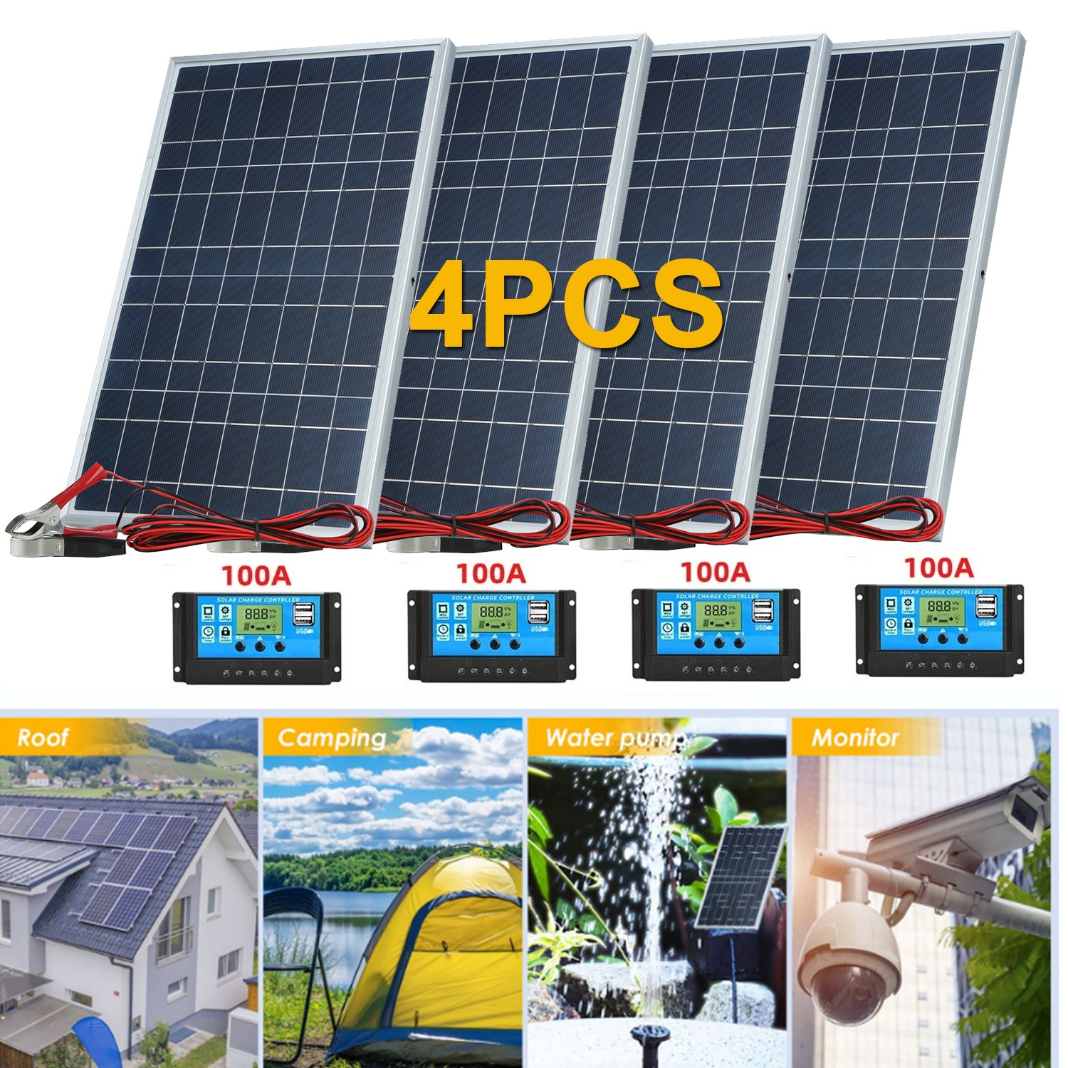 4PCS Solar Panel Trickle Charger 12V Solar Battery 100A W/ Controller Maintainer