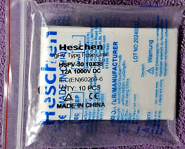 QTY 10 – Heschen Solar DC1000V 12 AMP PV Fuses, Gpv Type Fuse Link, HSPV-30,