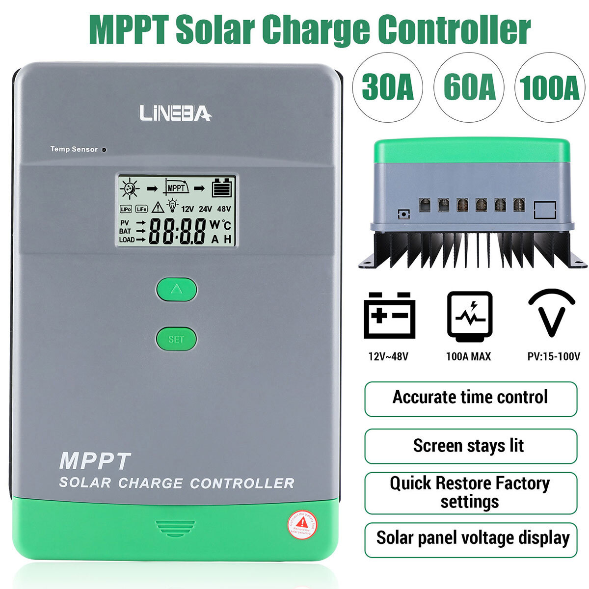 30 60 100Amp MPPT Solar Charge Controller 12V/24V/36V/48V DC Input LCD Regulator