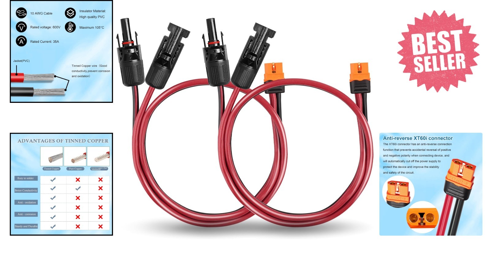 High-Performance 2FT Solar to XT60i Cable – Tinned Copper for Efficient Power