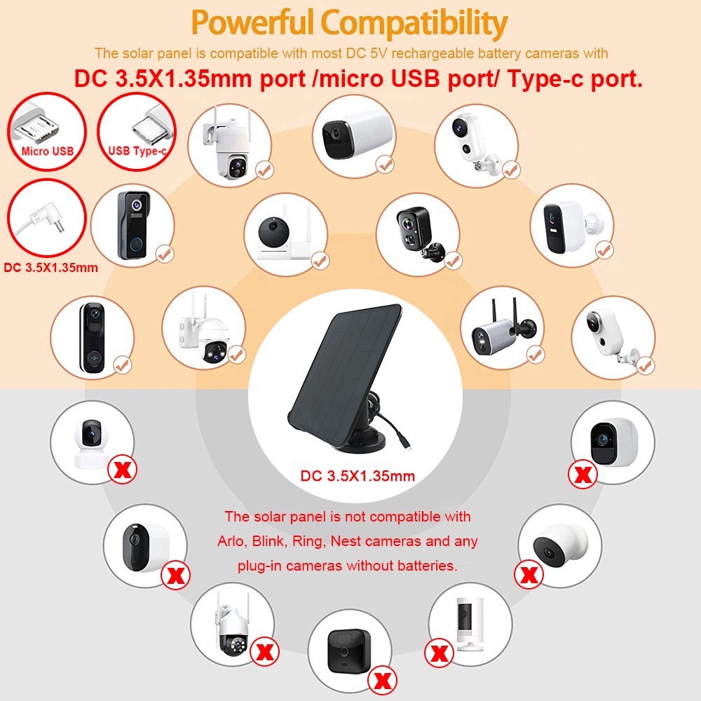 10ft Charging Cable 4W 5V Solar Panel Charger for Ring Video Doorbell 2/3/3+/4