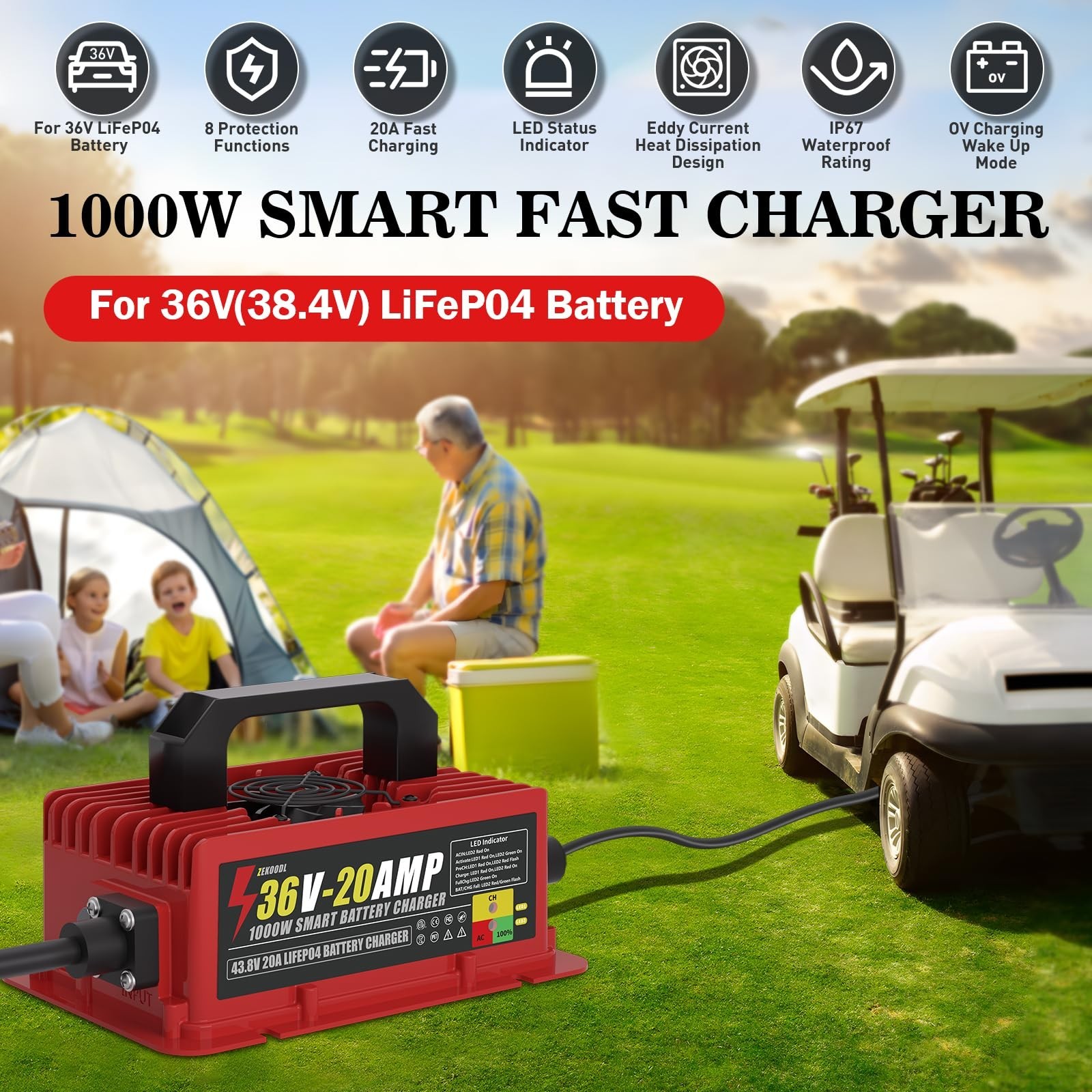36V Lithium Battery Charger 1000W 20A for LiFePO4, IP67 Waterproof with Cooli…