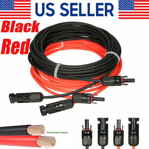 Black+Red 10 AWG Solar Panel Extension Cable Silicone Flexible Wire Connectors