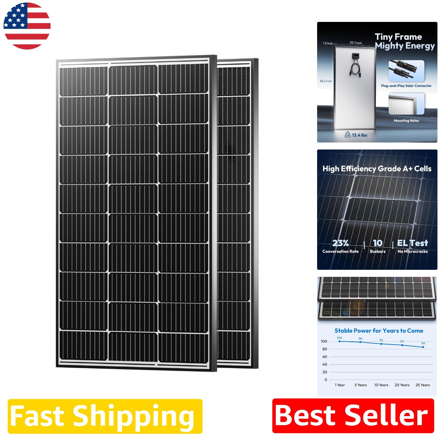 100W Solar Panel 23% Efficiency Rigid Monocrystalline PV Module RV/Boat