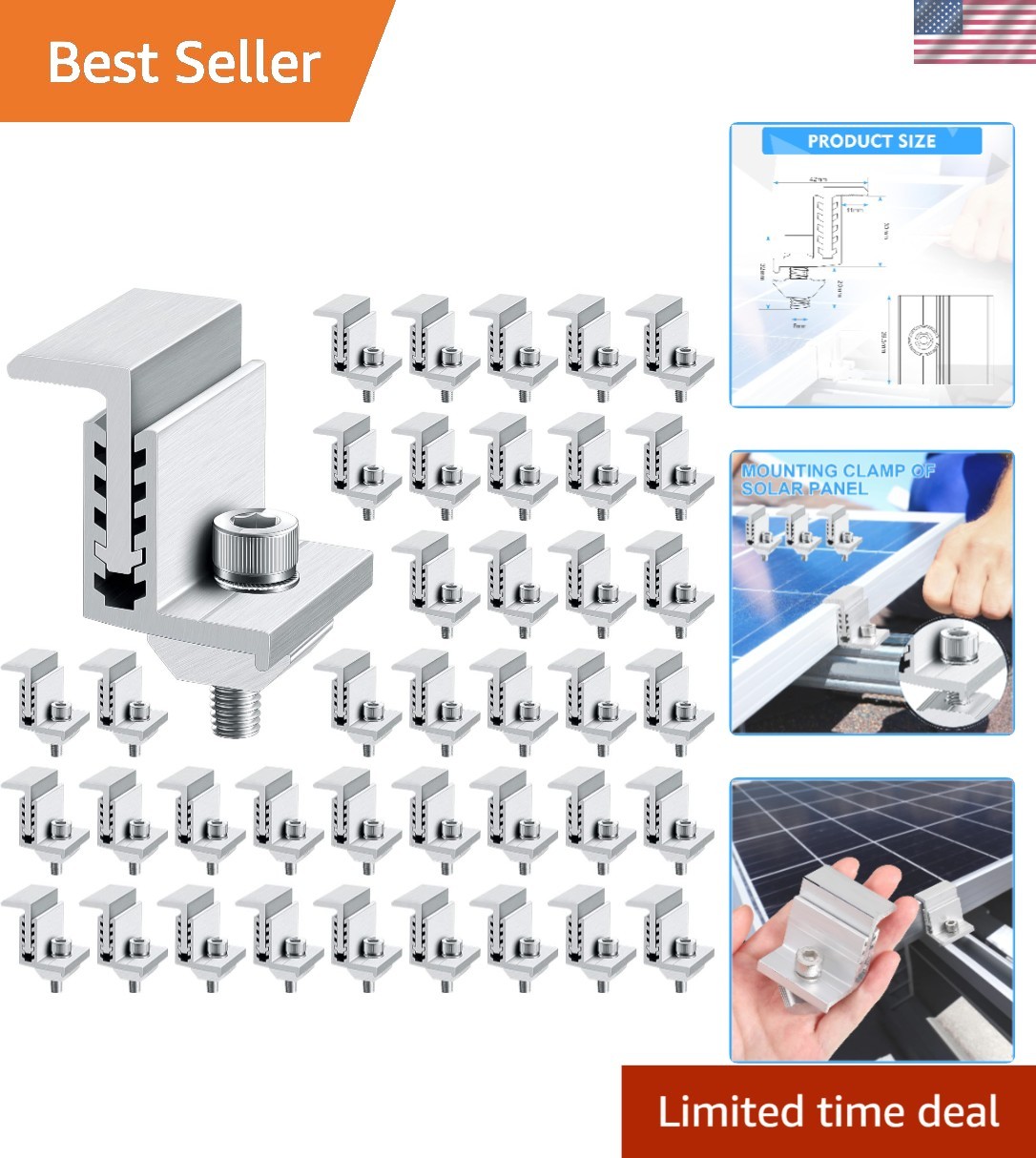 Efficient Solar Panel End Clamp Set – 20 Adjustable Brackets for Solar Arrays