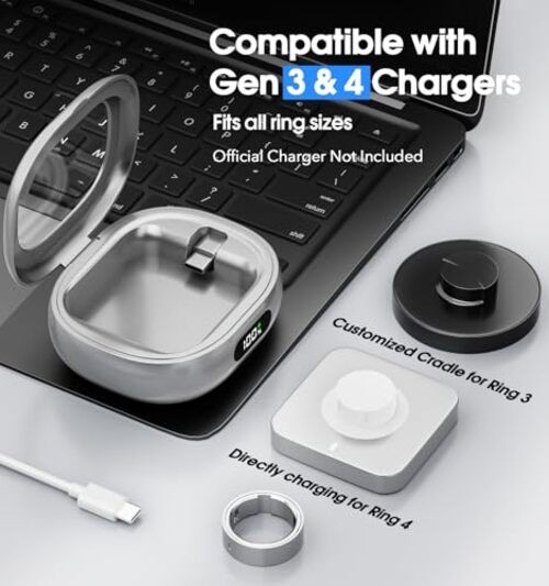 Charging Case for Oura Ring Gen 4 & 3 Charger, 2000mAh Portable Travel Silver