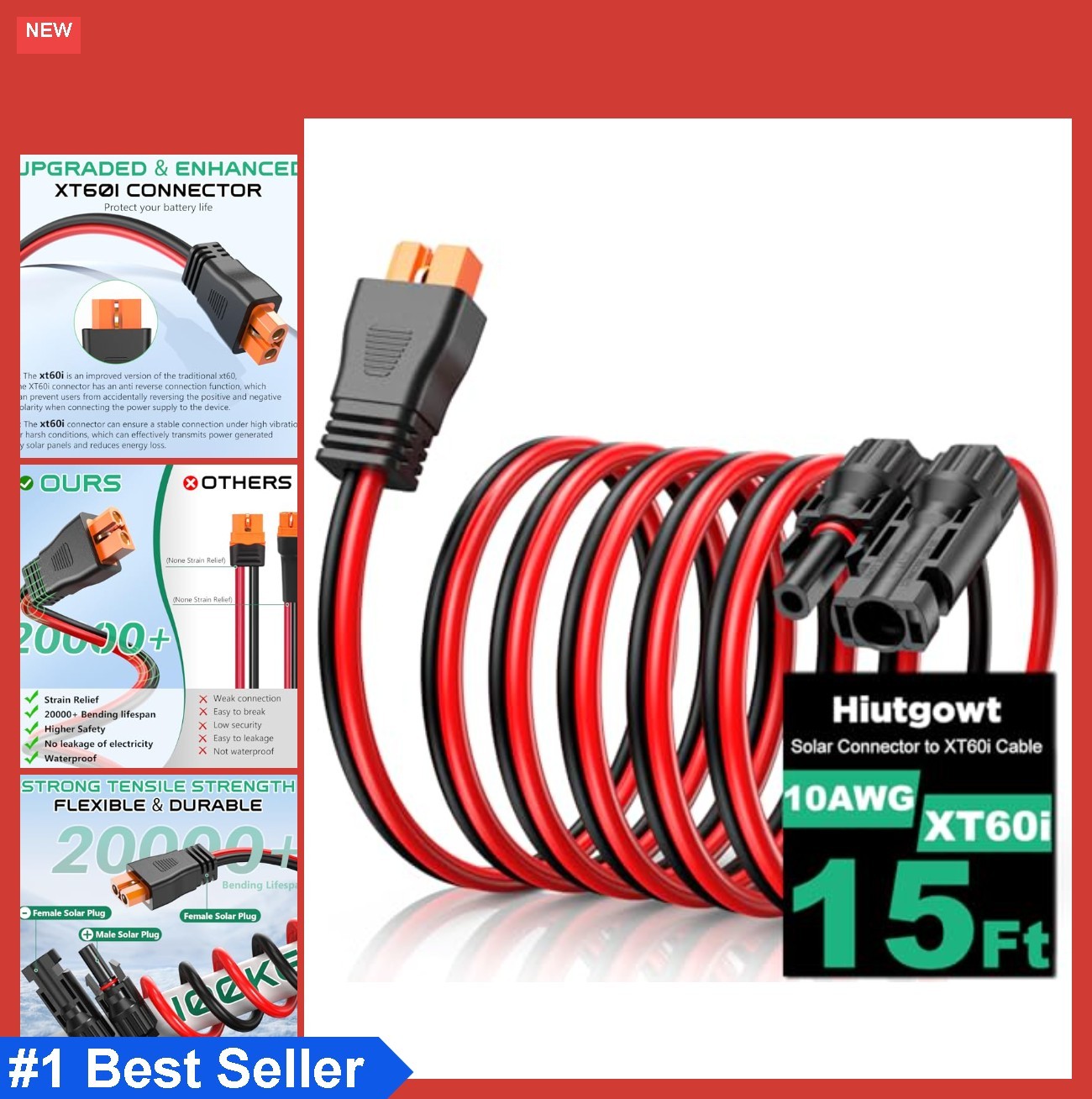XT60i Solar Charging Cable 10AWG 15FT Extension Cord Solar Panel to Portable