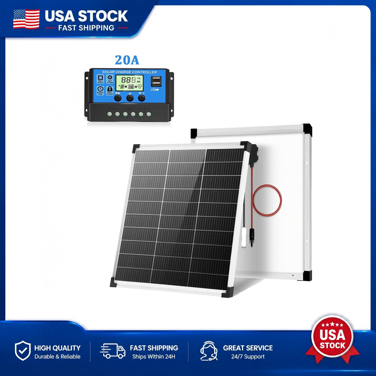 50W Solar Panel Kit 12V Monocrystalline N-Type Home RV Off-Grid for Camping Boat