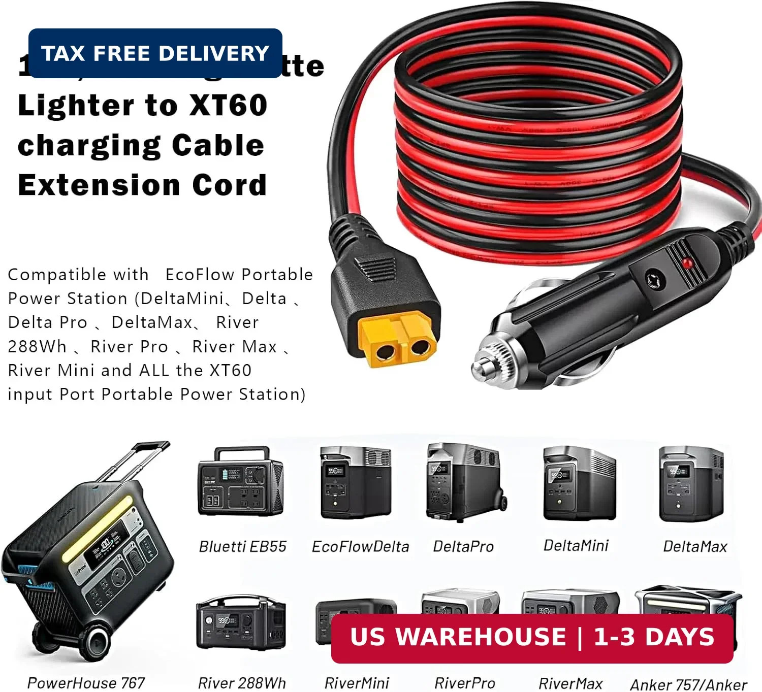 12V/24V Cigarette Lighter XT60 Car Charger Plug for Ecoflow Delta/River/River 2