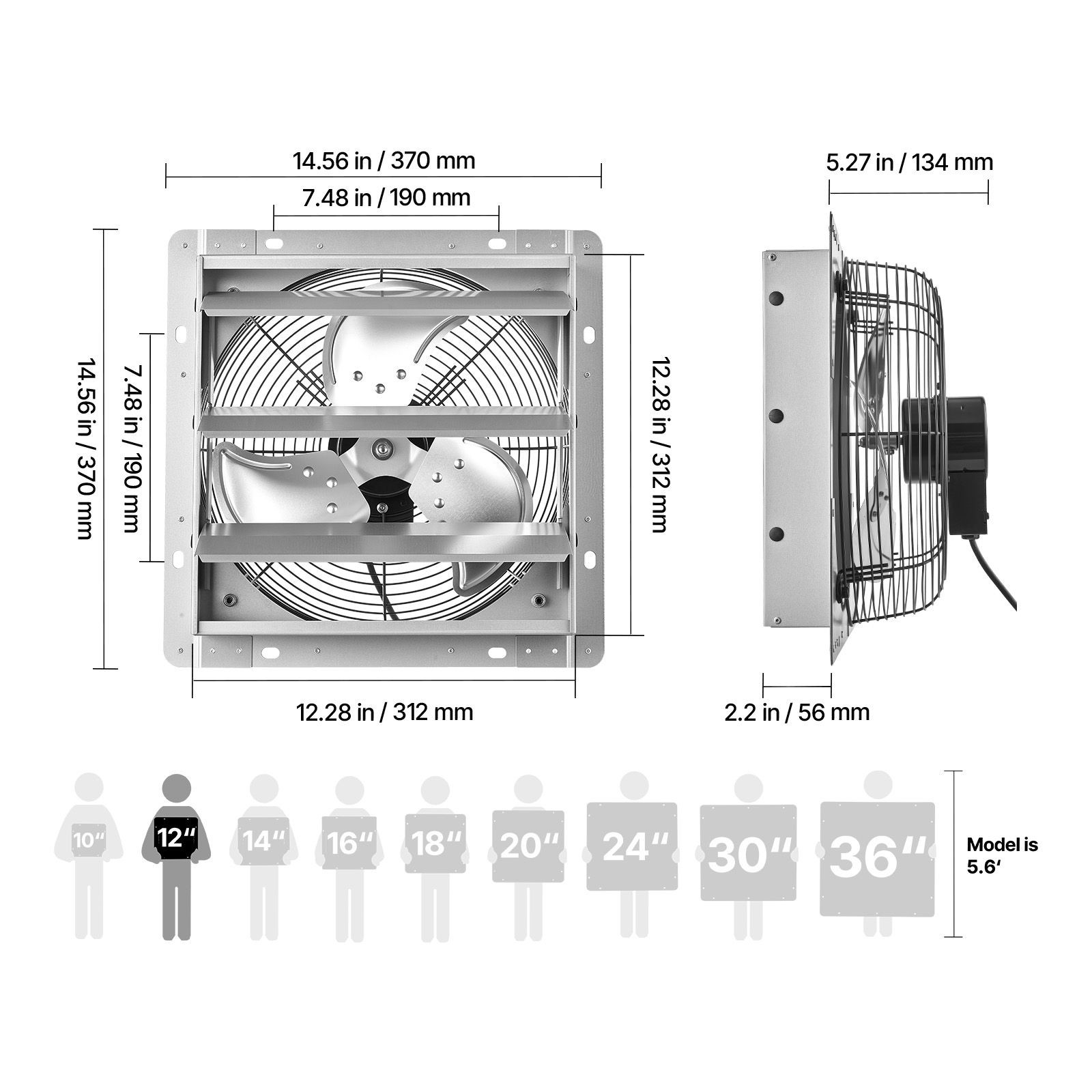 12 Inch Shutter Exhaust Fan Wall Mounted 1347 CFM Automatic Louvers, Sturdy