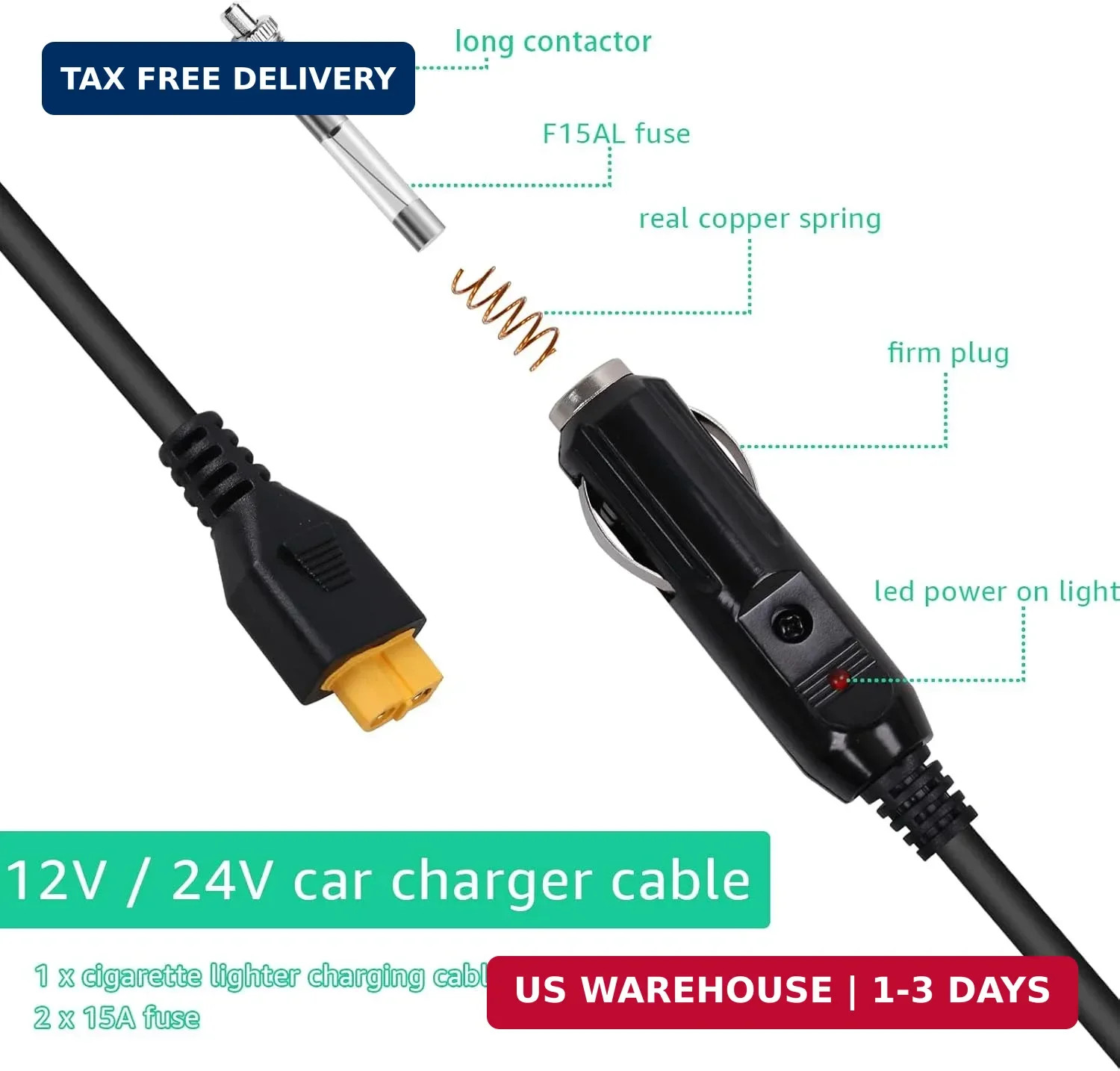 12V/24V XT60 Car Charging Cable Replacement for Ecoflow Delta/River Bluetti EB55