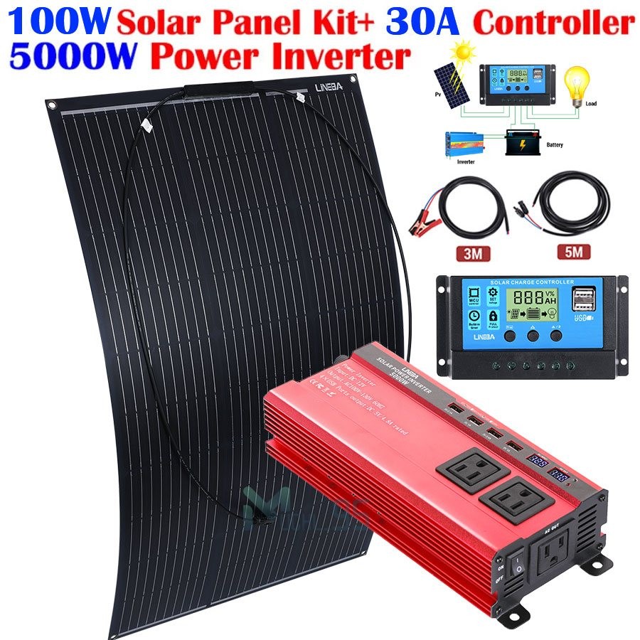 5000W Solar Power Kit DC 12V to AC 110V Inverter 100W Solar panel Home Outside