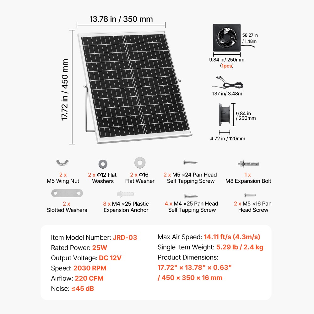 25W Solar Powered Fan 220 CFM Airflow 2030 RPM High Speed Adjustable Panel
