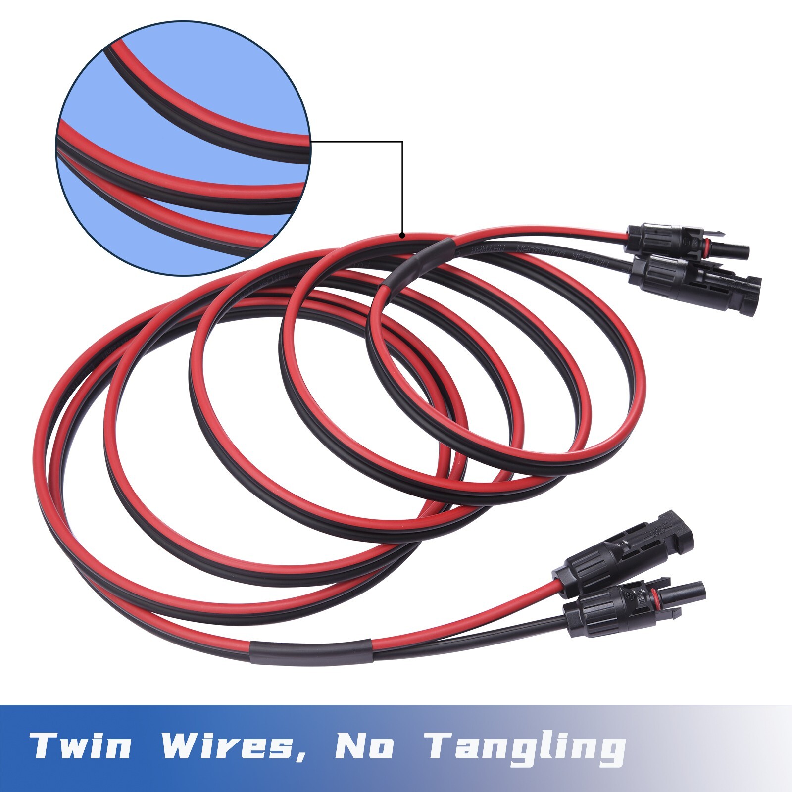 Solar Cable 20 Feet 2×10 AWG Twin Wire Solar Extension Cable, Copper Strand with