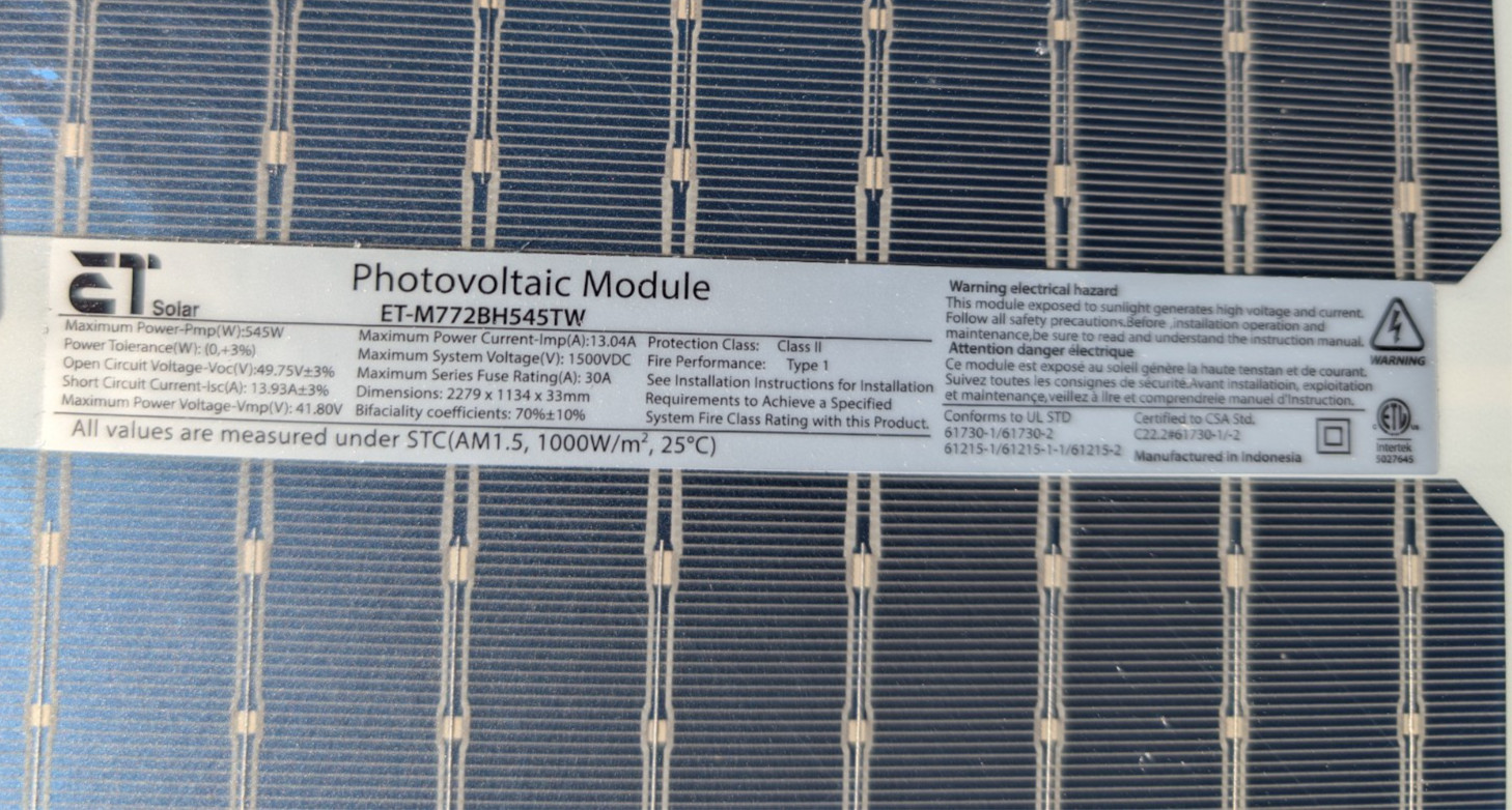 NEW ET Solar panel 545W Bifacial 144Cell NO DAMAGE 100%