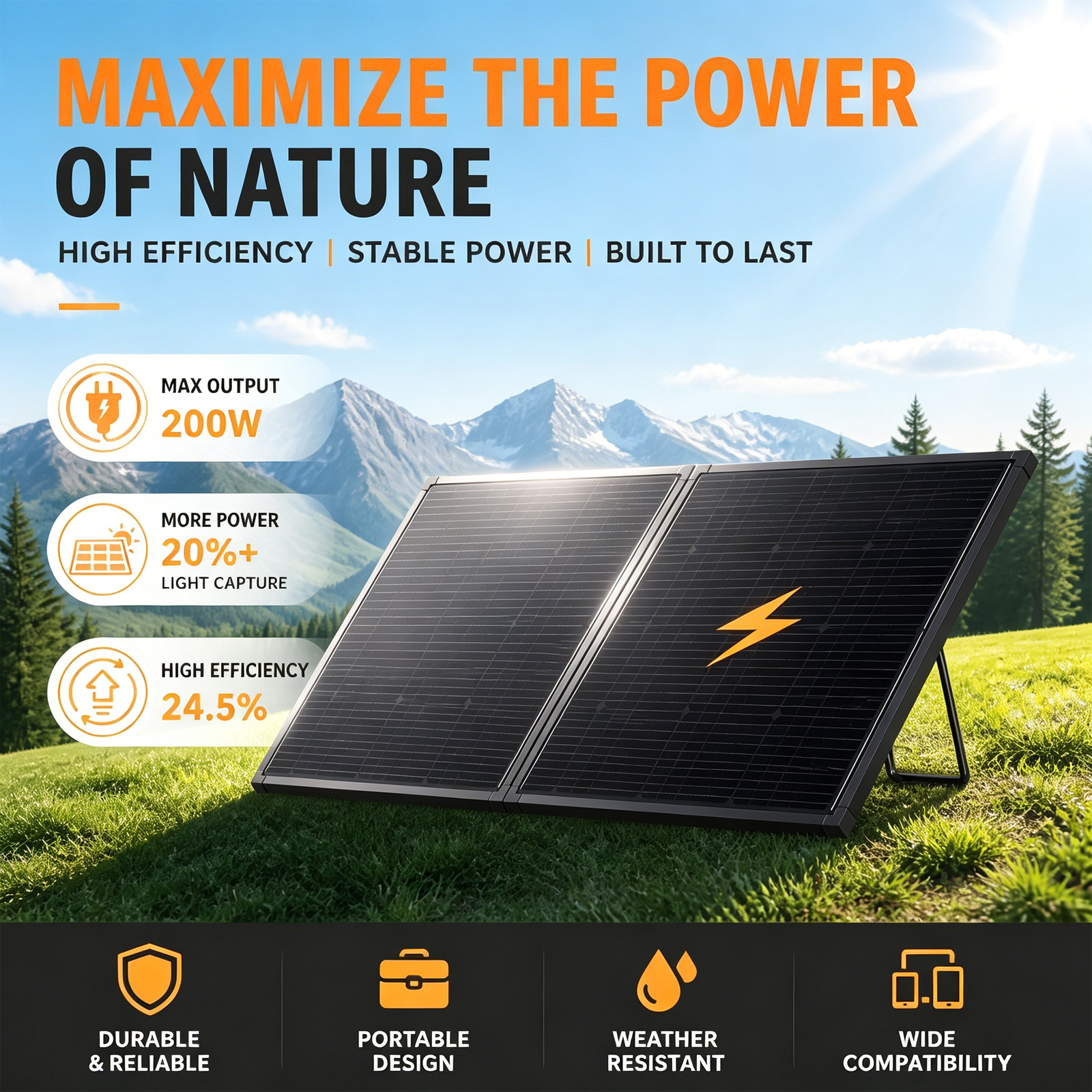 Heavy Duty 200W Portable Solar Panel Foldable Mono Cells MC4 to XT60 DC Adapter