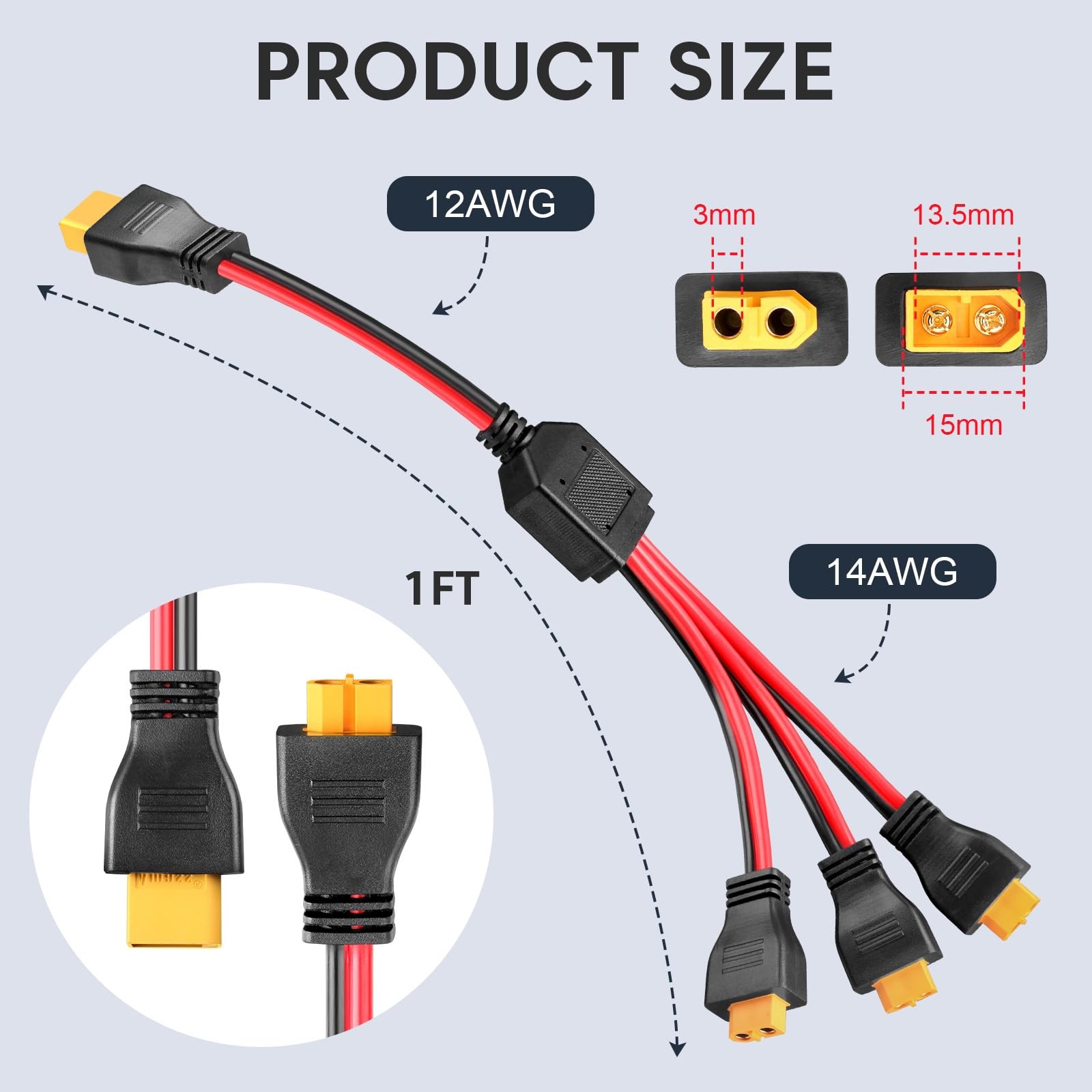 XT60 Y Splitter Cable 12AWG XT60 1 Male to 3 Female Parallel Connector Adapte…