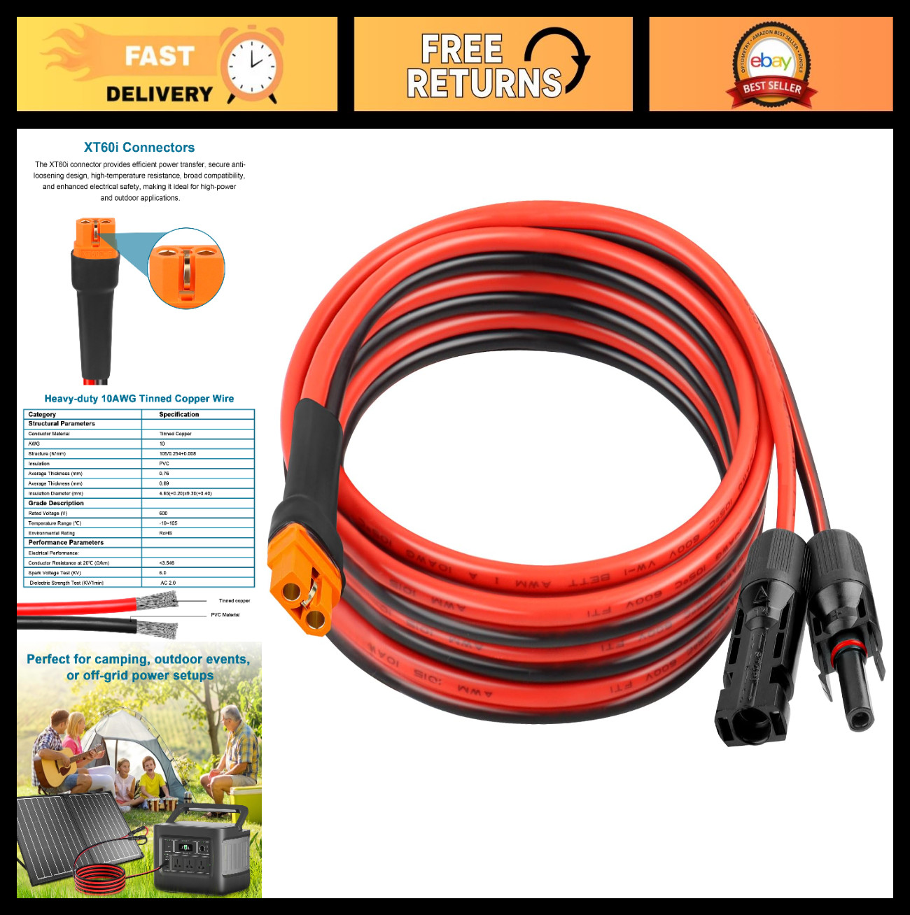 10FT Solar Panel Adapter Cable to XT60i – 10AWG Tinned Copper Wire, PVC Jacket,