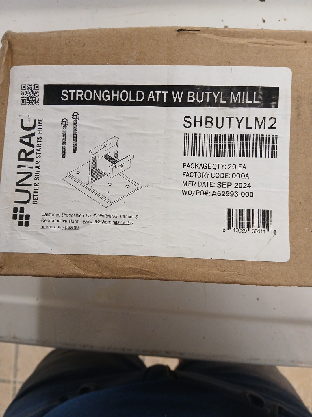 Unirac Solar STRONGHOLD ATT W BUTYL MILL BOX OF 20