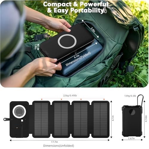 Solar Charger Power Bank 5000mAh with 4 Foldable Panels & 2 Built-in Cables,