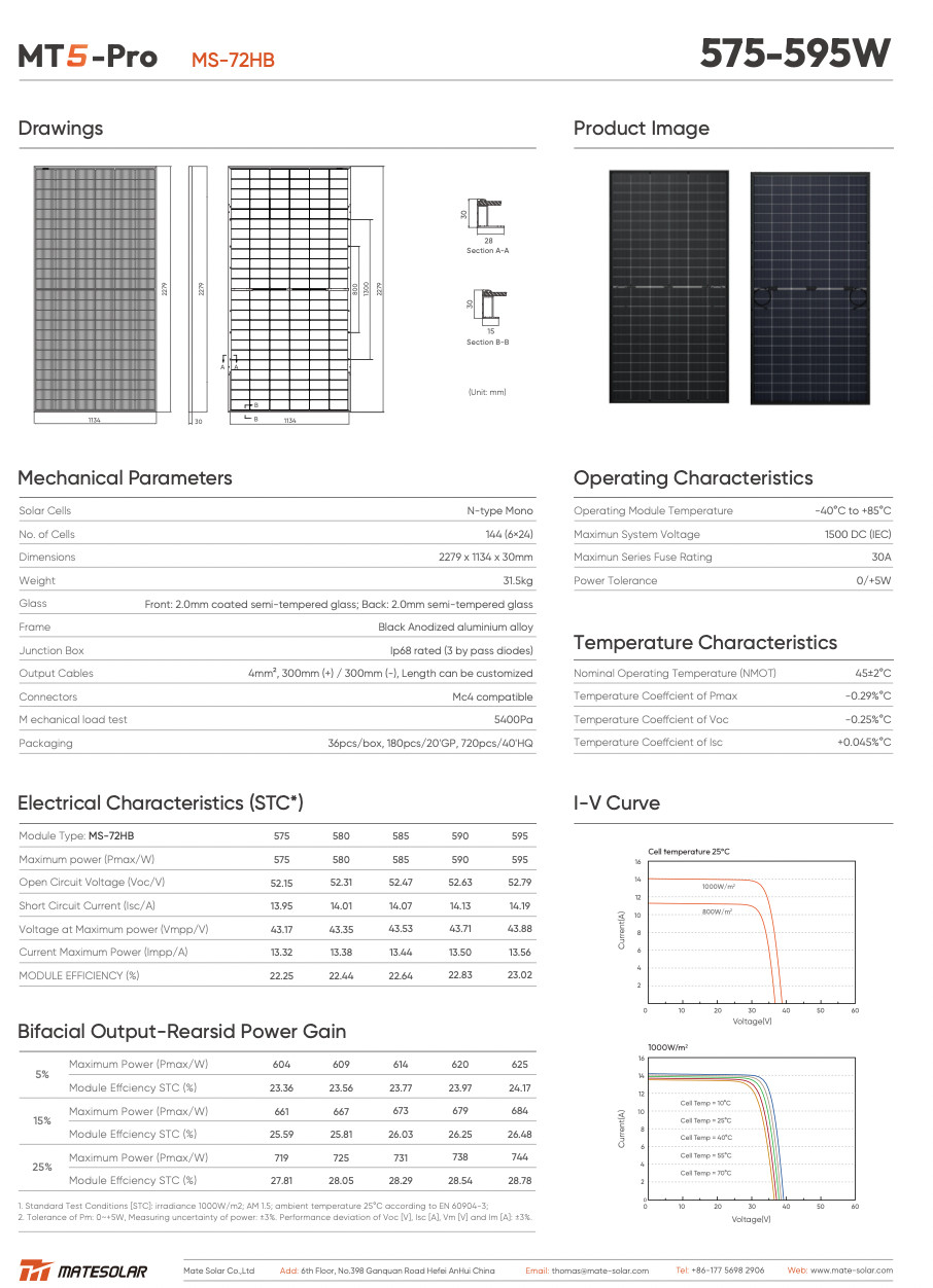 MATE SOLAR 575W N-Type TOPCon Bifacial Dual Glass Full Black Solar Panel