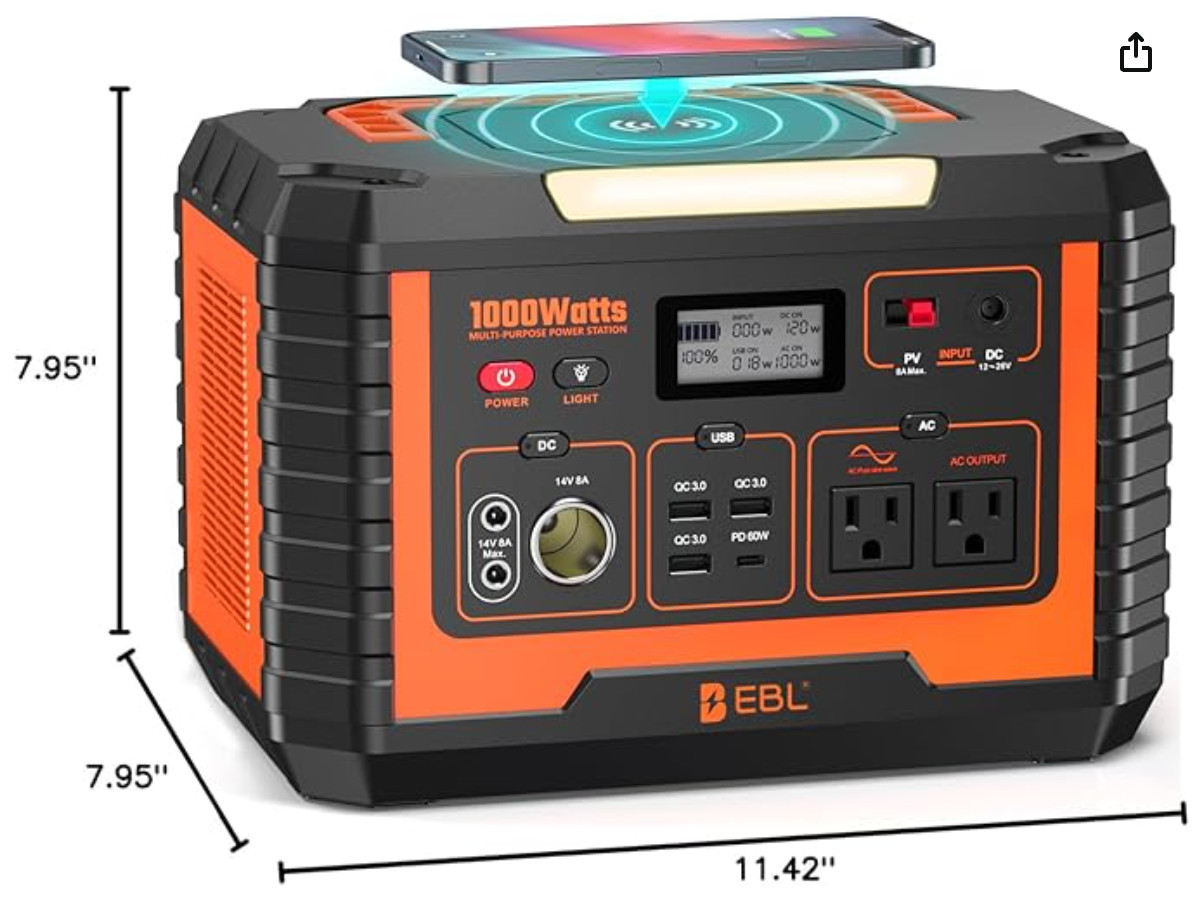 EBL Portable Power Station 1000W, 999Wh Solar Generator 2000W Peak, AC/Wireless