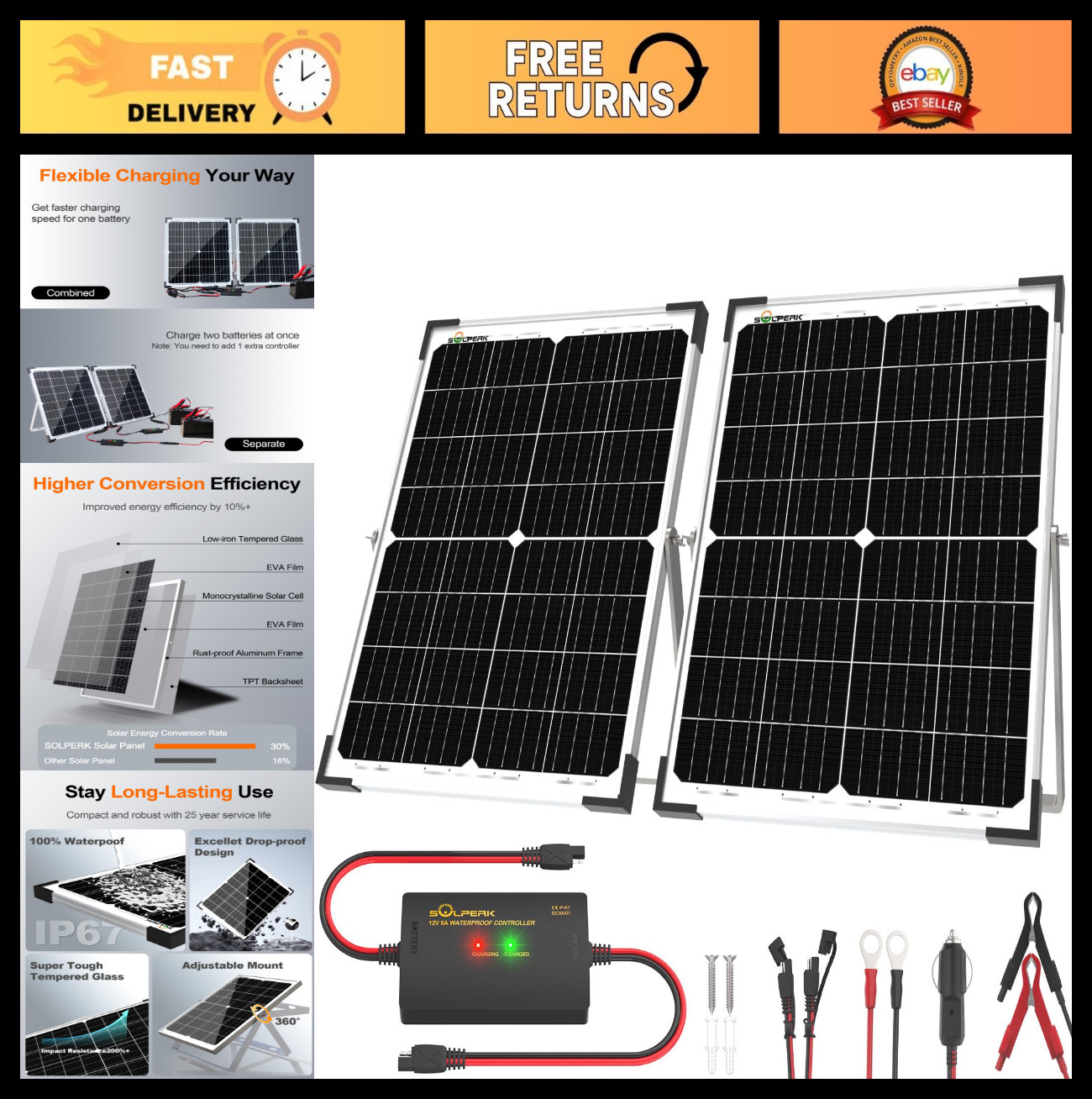 12V 50W Solar Panel Kit – 2x25W Battery Maintainers, 8A Waterproof Controller, M