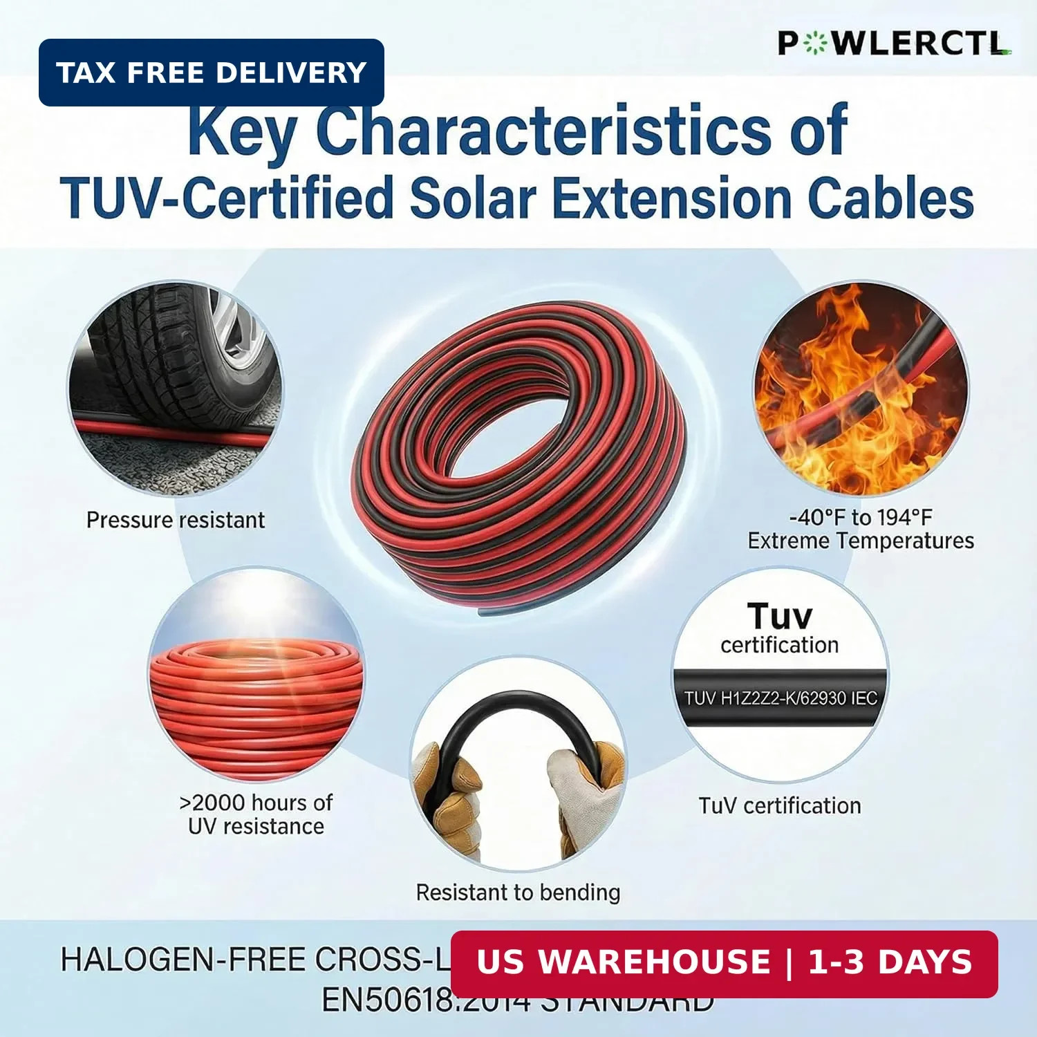 Solar Panel Extension Cable 10 AWG 30Ft 6mm² Wire Gauge Certified PV Cable,100%
