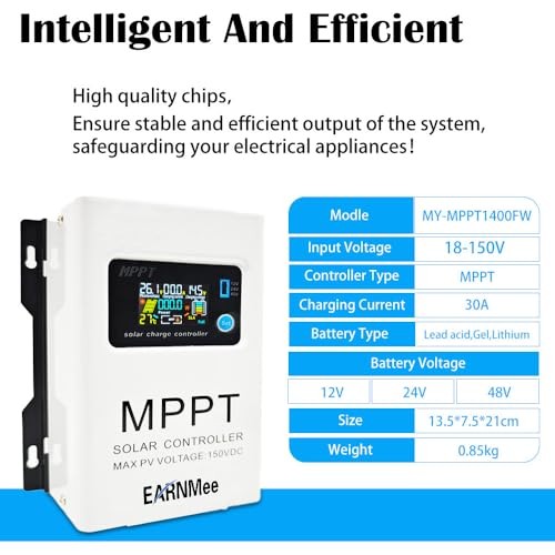 30A MPPT Solar Charge Controller, 150VDC PV Input, 12V/24V/48V white30A
